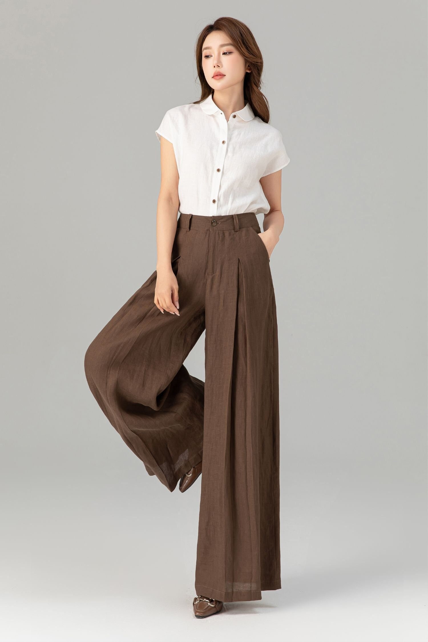 Brown Linen Wide Leg Pants, Womens Long Linen Pants, Loose