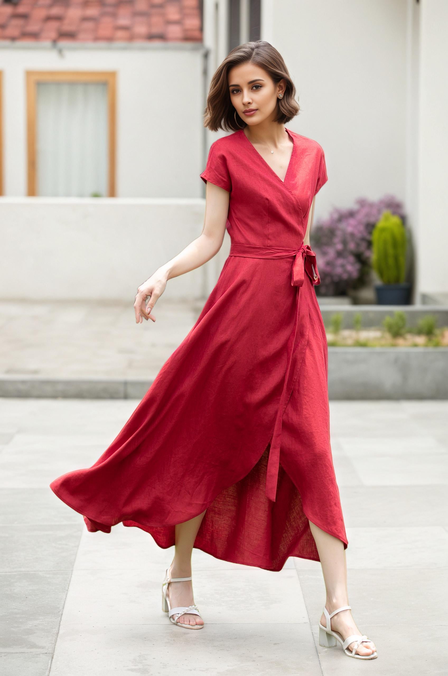 Wrap Linen dress, Short sleeve Red Linen Wrap dress, Summer Linen Midi dress, Womens dress, Long Linen dress, Handmade Linen dress 5202#