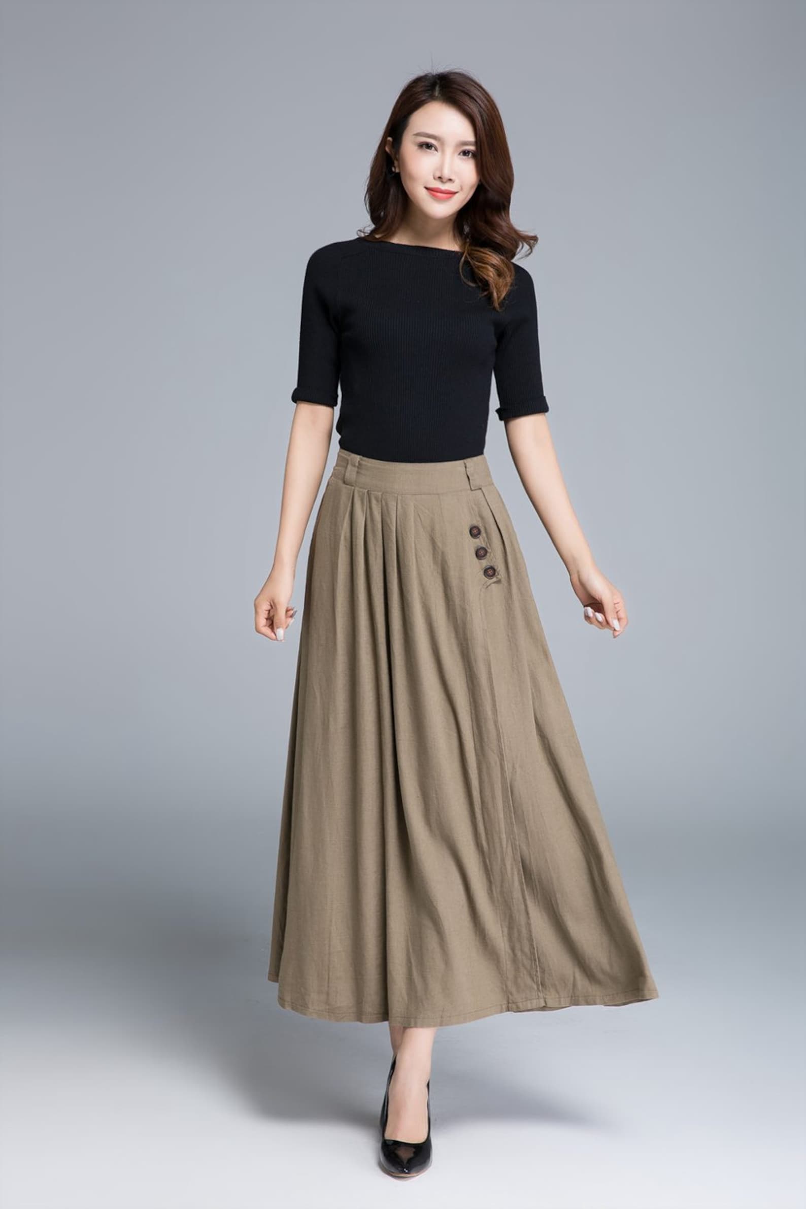 Khaki skirt linen skirt pleated skirt pocket skirt button Etsy