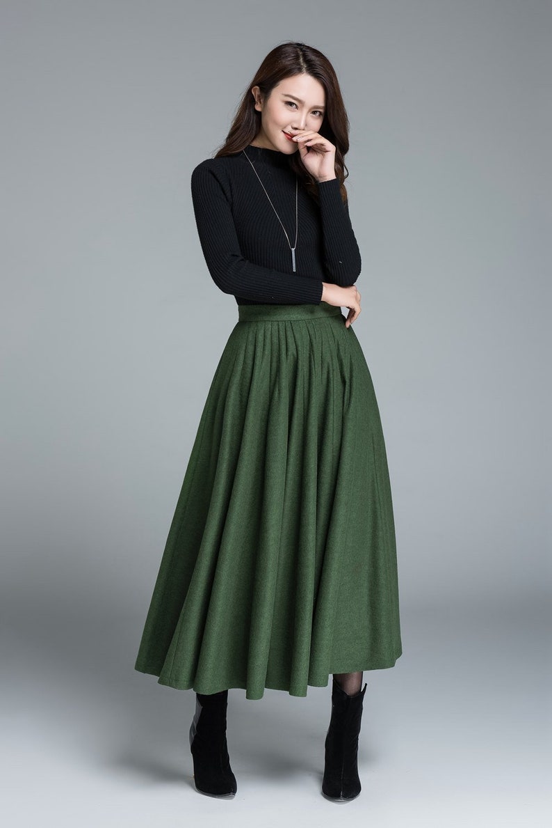 50s Green Long Wool Skirt, Wool Circle Skirt, Vintage Inspired Pleated Long Skirt, High Waist Skirt, Swing Skirt, Autumn Winter skirt 1641 image 4