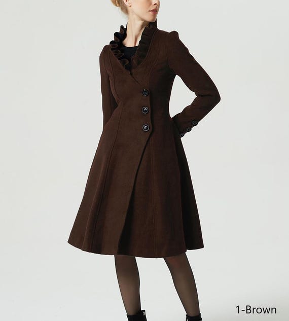Brown Short Wool Wrap Coat, Women Asymmetrical Ruffle Wool Brown Short Wool Wrap Coat, Women Asymmetrical Ruffle Wool