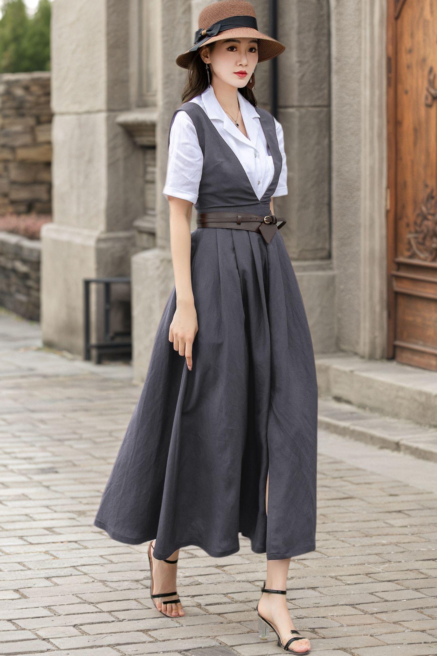 Dark Gray Linen Pinafore Dress: V-neck Apron Style, Xiaolizi 6145