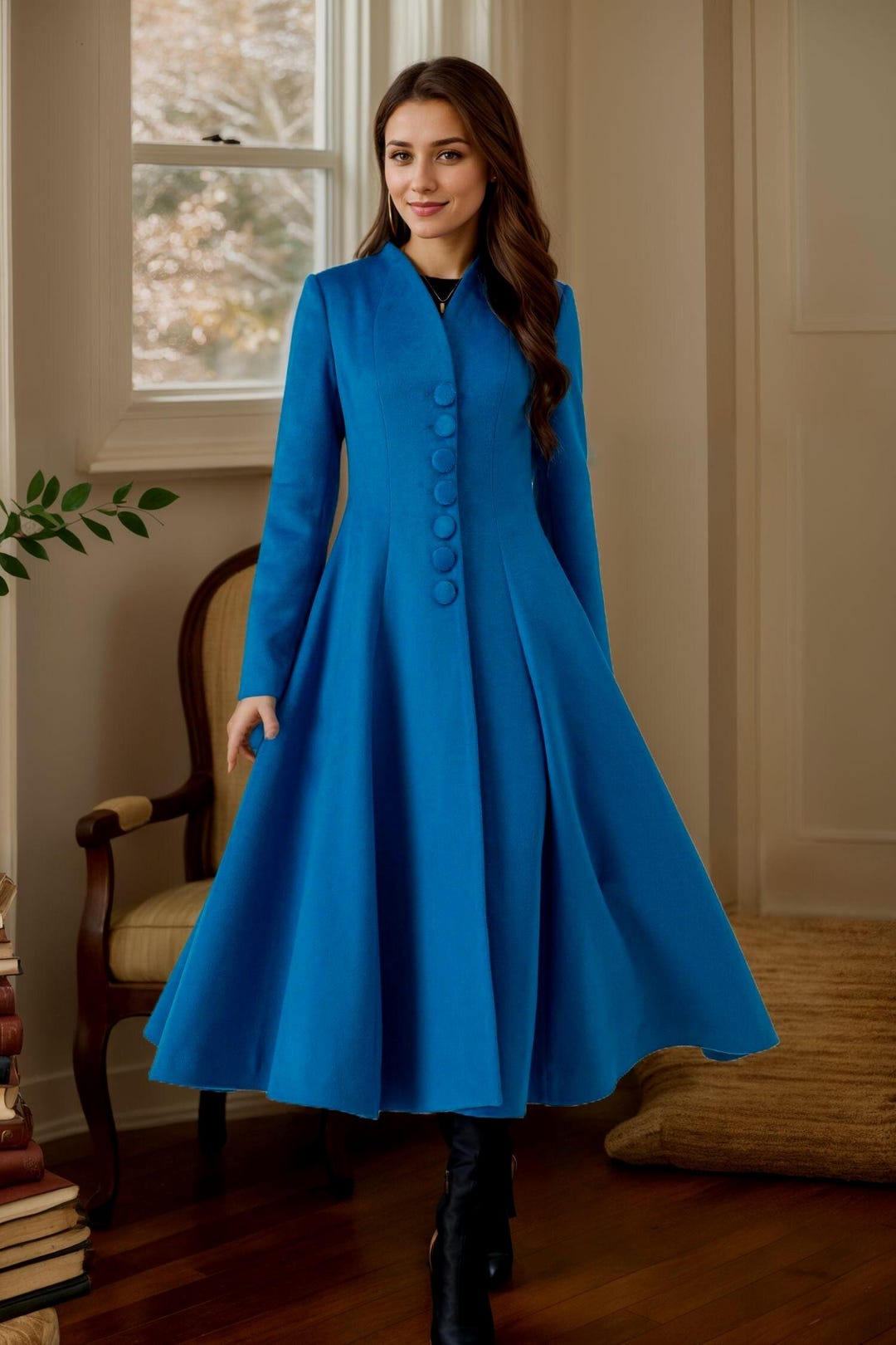 Wool Coat, Midi Wool Coat, Swing Wool Coat, Blue Wool Coat, Long