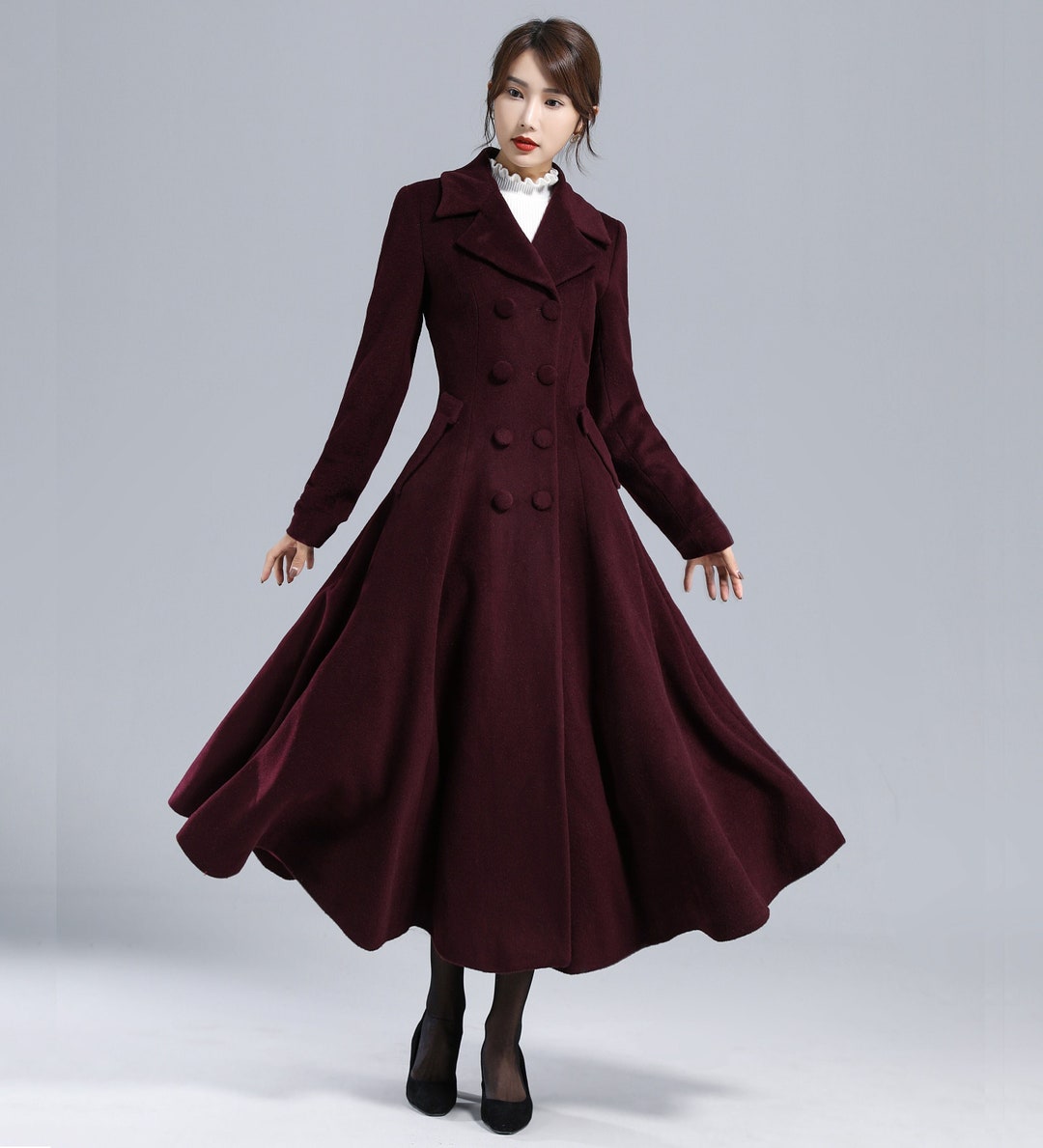 Burgundy Wool Coat, 1950s Long Wool Princess Coat, Wool Trench Coat ...