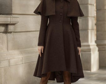 Vintage Style Wool Cape Coat, Brown A-line Midi Outerwear, Custom