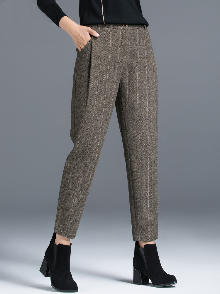 Plaid Casual Wool Pants, Women Black Wool Trousers, Wool Tapered