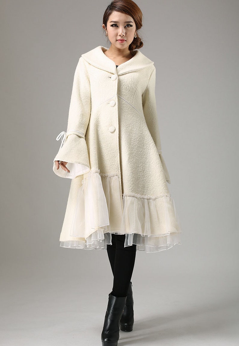 Swing White wool coat, winter wedding coat, wool coat for women, party coat, coat with lace, warm coat, dress wool coat, fashion coat 0725 image 7