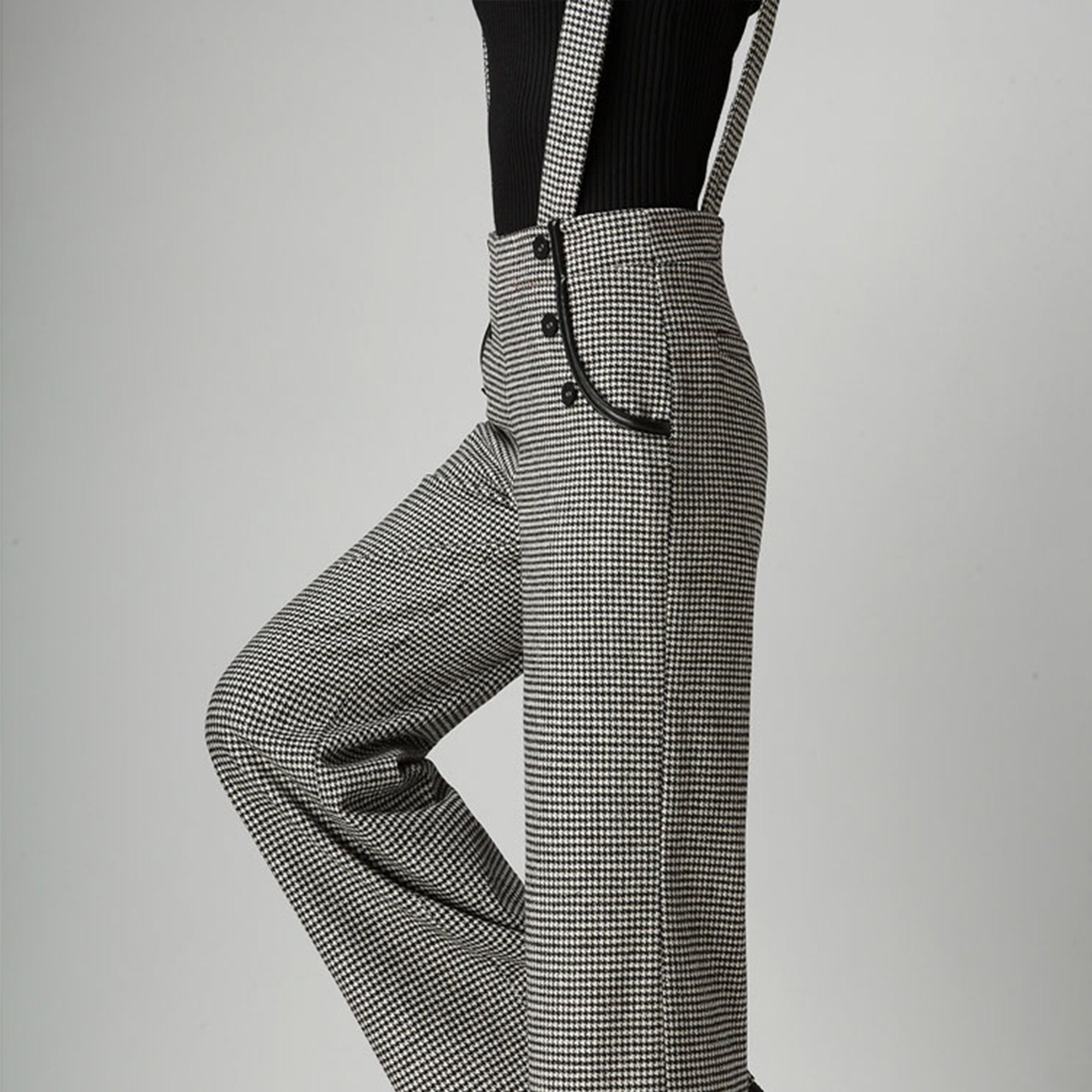 Gray Plaid Suspender Wool Pants Women, Autumn Winter