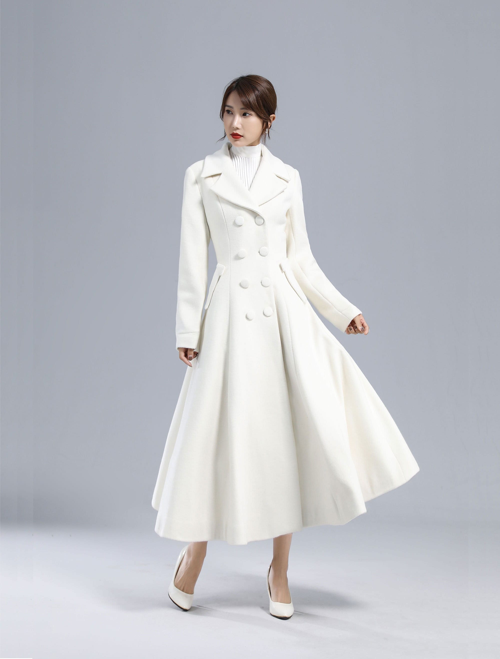 White Long Wool Coat, Winter Wedding Coat, Retro Fitted Coat, Dress Coat, Princess Coat, Double Breasted Coat, Swing Warm Outwear 3235