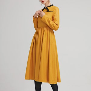 yellow dress, winter wool dress, fit and flare dress, formal dress, warm dress, womens dresses, long sleeves dress, modern dress 2233 image 3