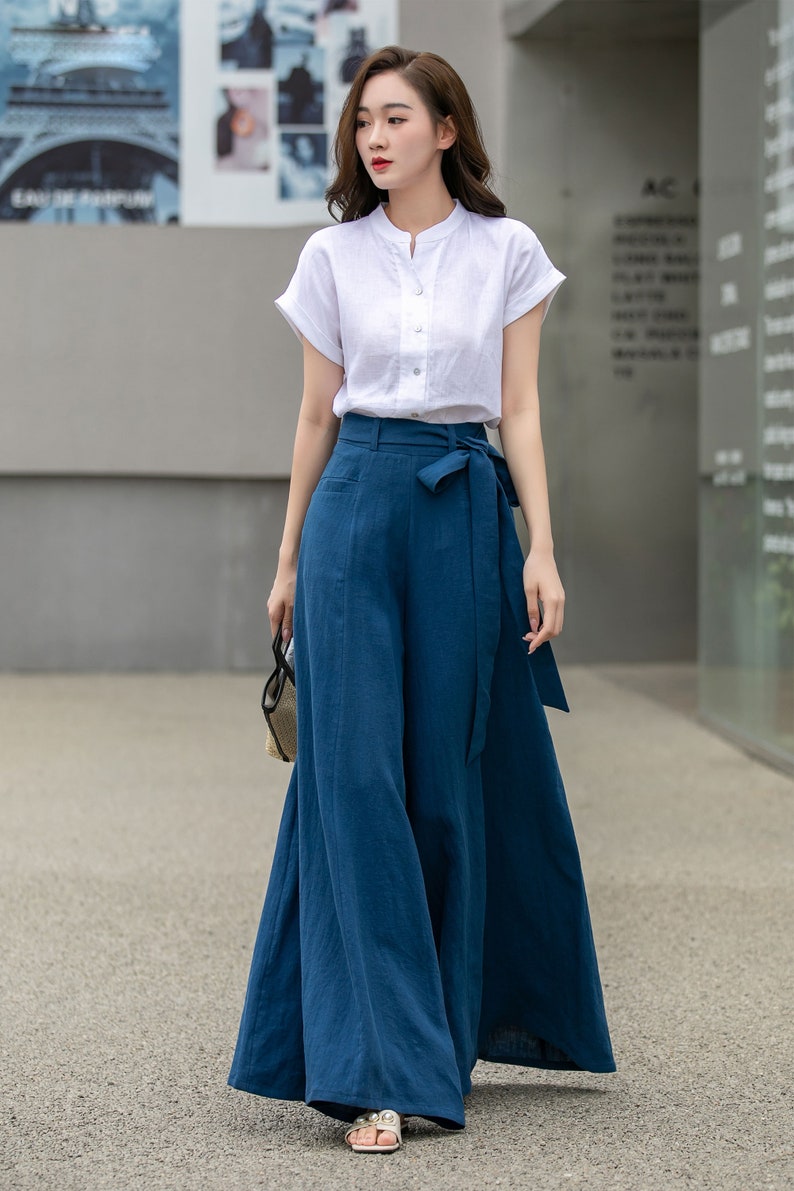 Womens Palazzo Belted Linen Pants, High Waisted Long Trousers, Blue Linen Pants, Women Wide Leg Pants, Custom Pants, Xiaolizi 4276 image 5