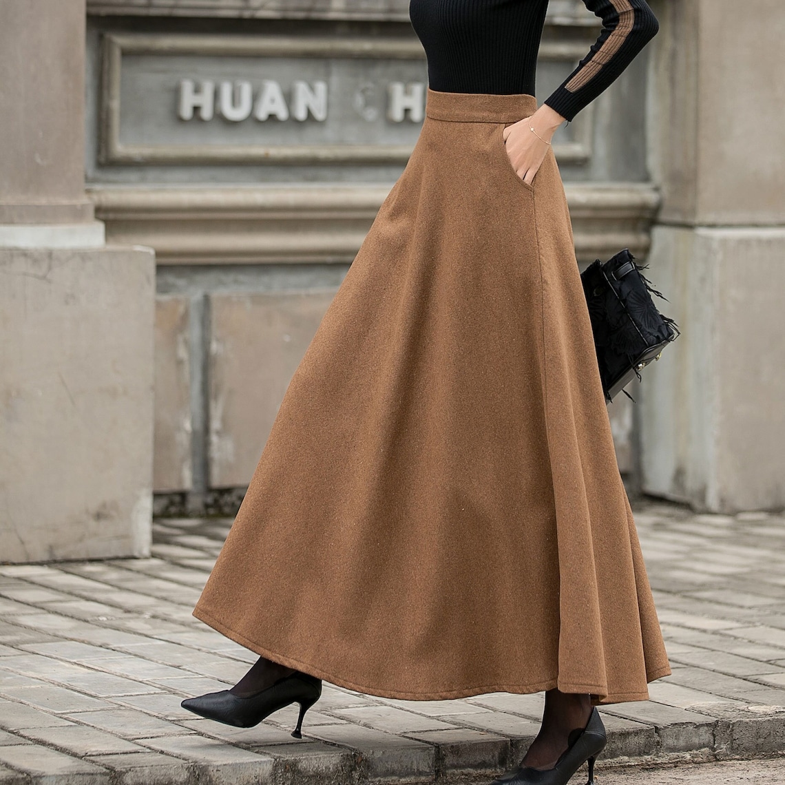 Brown Wool Maxi Skirt Women High Waist Flared Skirt Warm - Etsy