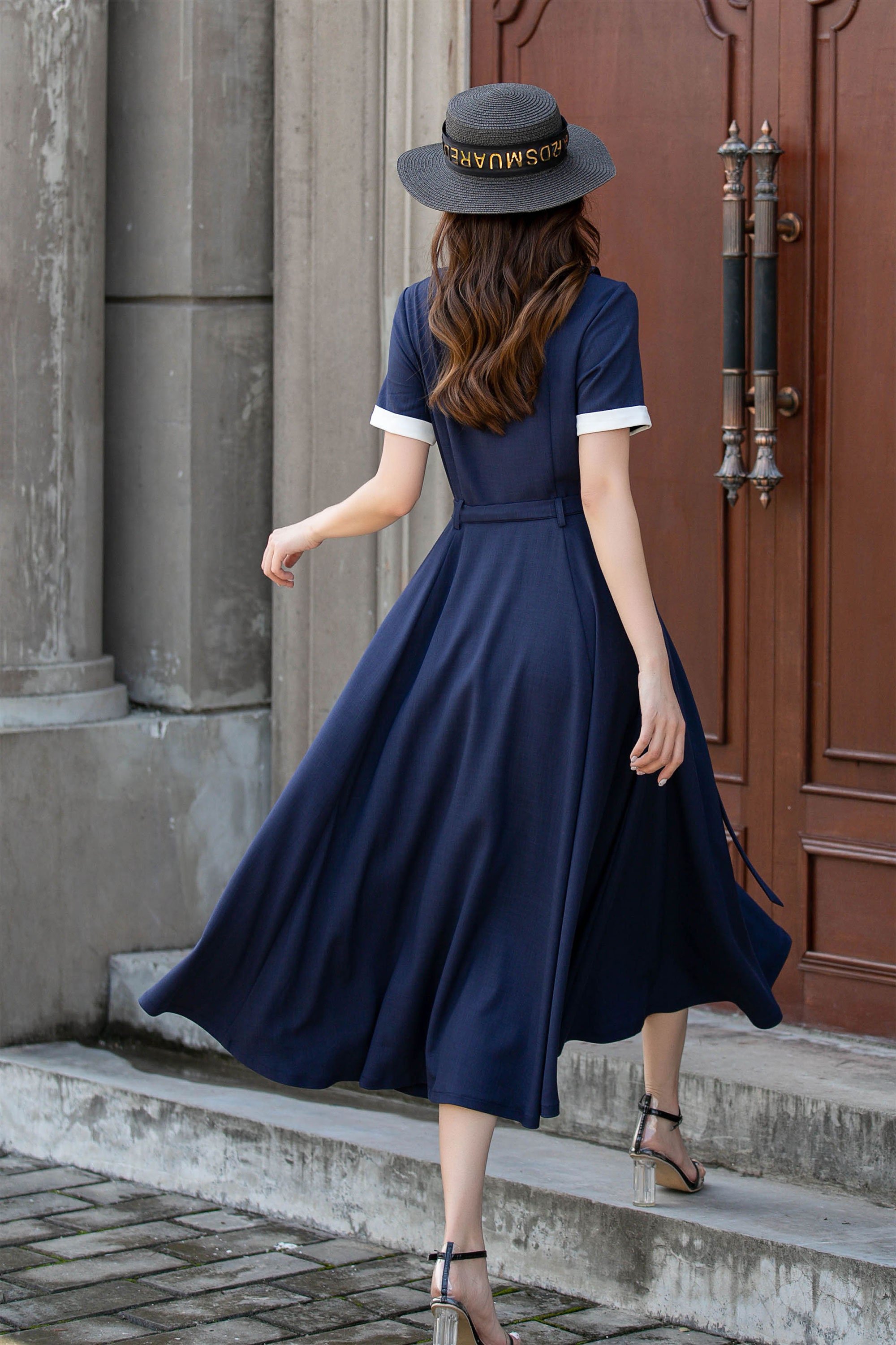 Semi-formal Navy midi shirt Dress, Short sleeve Button up Dress, Womens Belted Swing Dress, Fit and Flare Dress, Custom Dress, Xiaolizi 4409