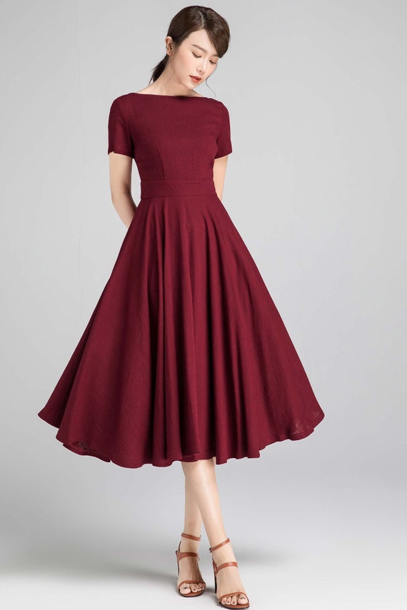 Fit and Flare Midi Dress in Burgundy, Boat Neck Swing Dress With Pockets,  Short Sleeve Party Dress, Mother of the Bride Dress 2336 -  Canada