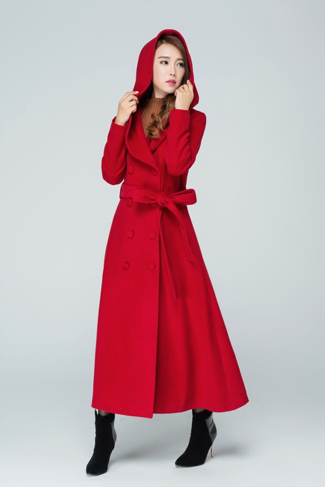 Red wool coat Long Wrap coat trench coat maxi coat hooded Etsy