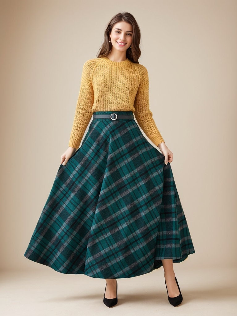 Vintage Inspired Long Wool Plaid Skirt 4628 Vintage Inspired Long Wool Plaid Skirt 4628
