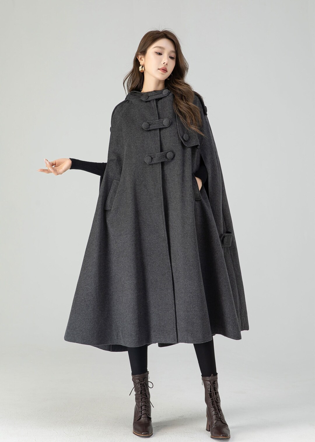 Dark Gray Wool Cape Coat for Women, Plus Size Wool Cape Coat, Autumn ...