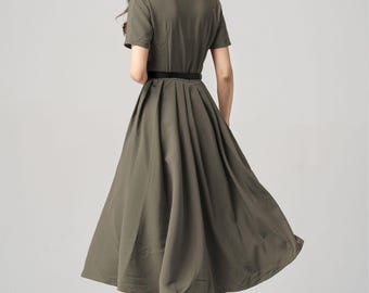 Military-inspired Dress, Army green Midi Shirt Dress, Womens Button up A-Line Swing Dress, Short Sleeves Summer work Dress, Xiaolizi 5784#