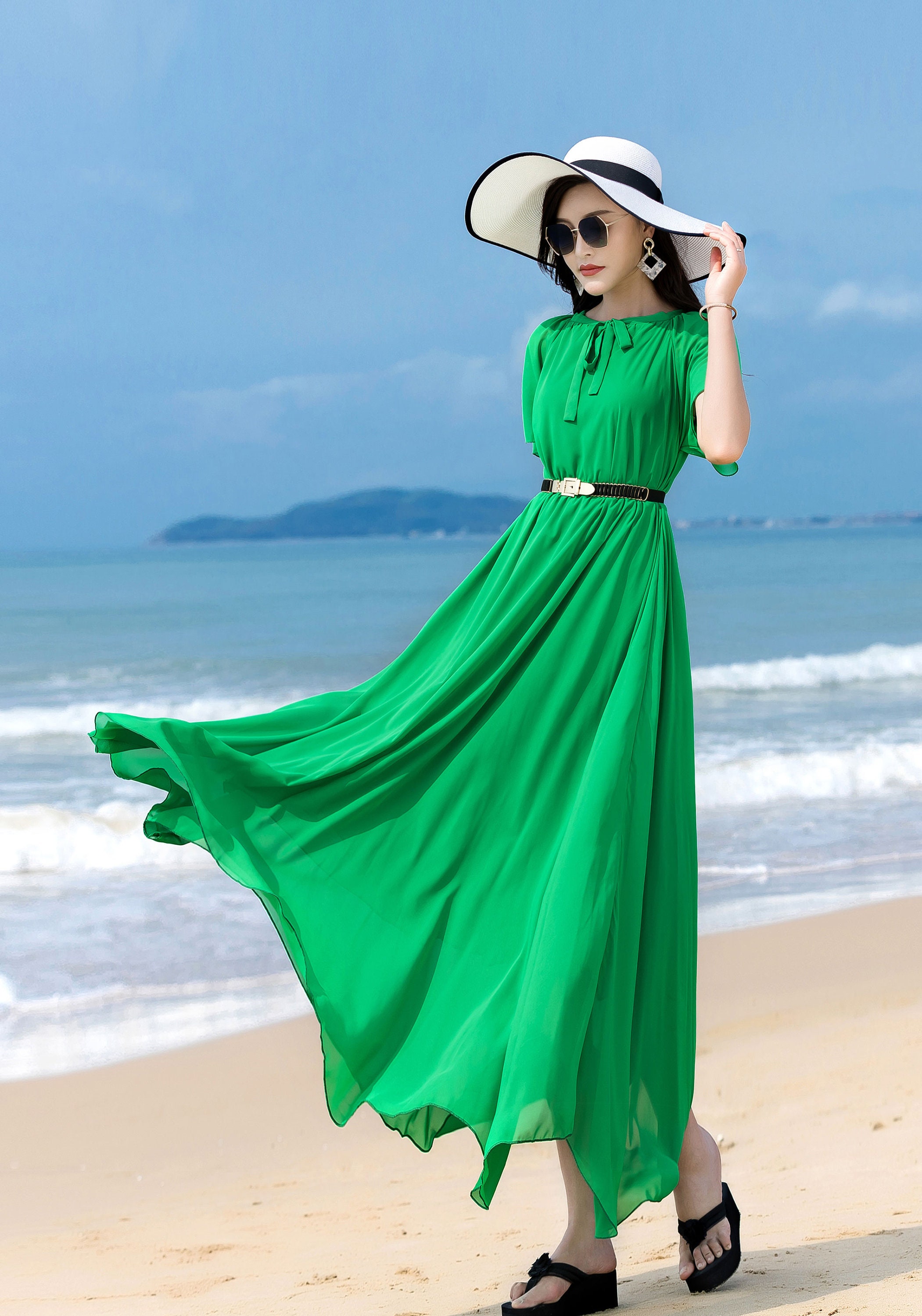 Plus size Chiffon maxi Dress in green Boho Swing Chiffon | Etsy