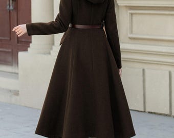 Wool Hooded Midi Coat: Vintage Double-breasted Winter Overcoat