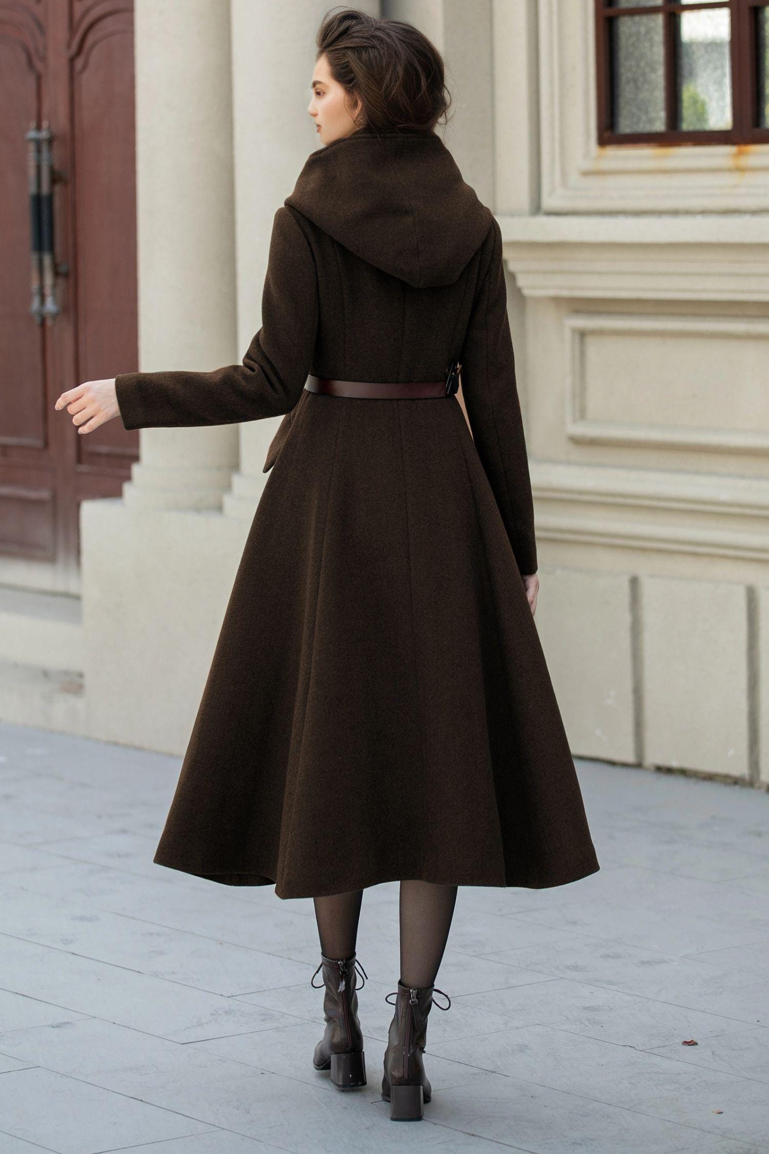 Wool Hooded Midi Coat: Vintage Double-breasted Winter Overcoat