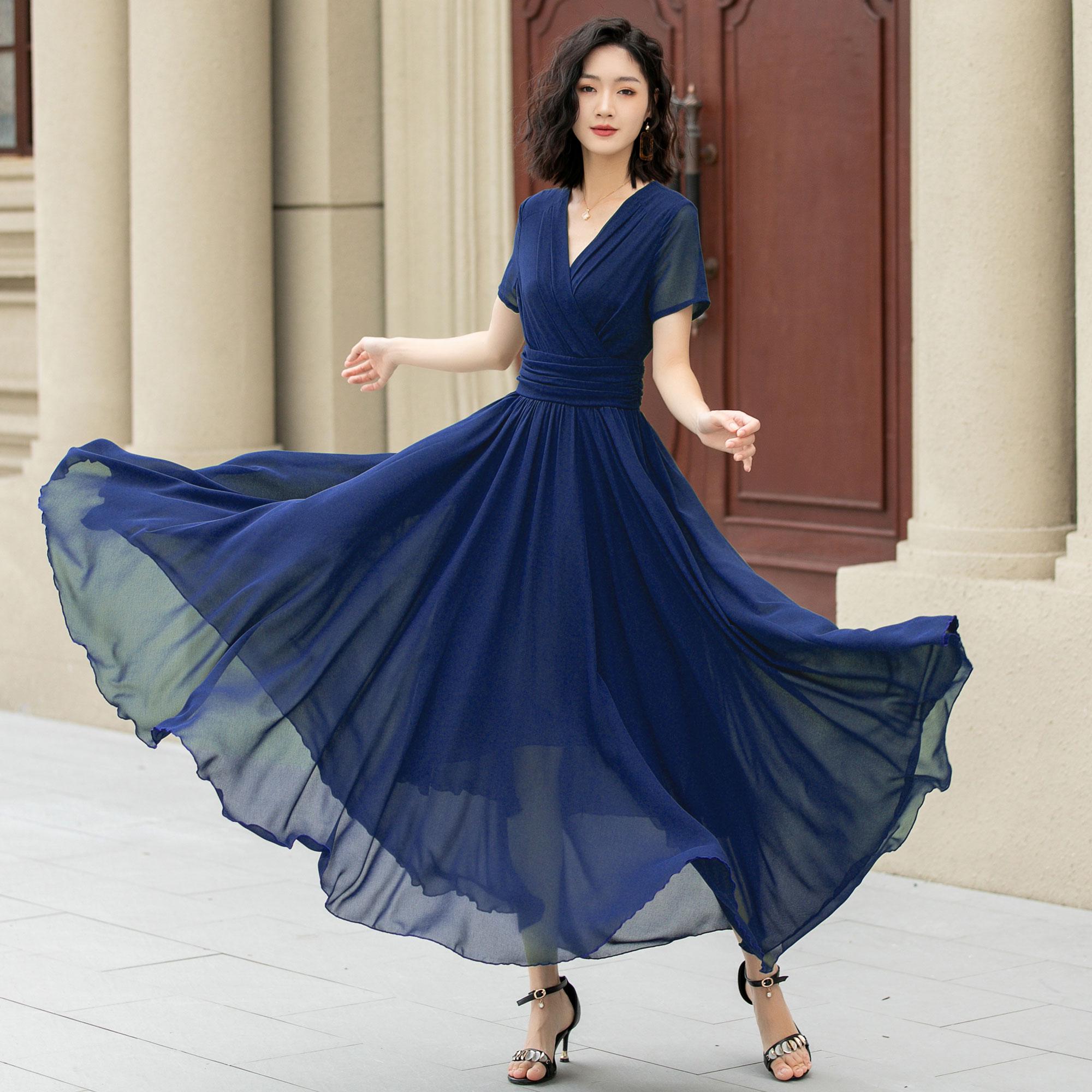 Navy Blue Chiffon Dress, Women Summer Maxi Swing Dress