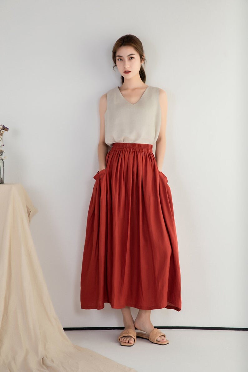 Linen skirt High waisted Midi skirt Casual Elastic waist Etsy