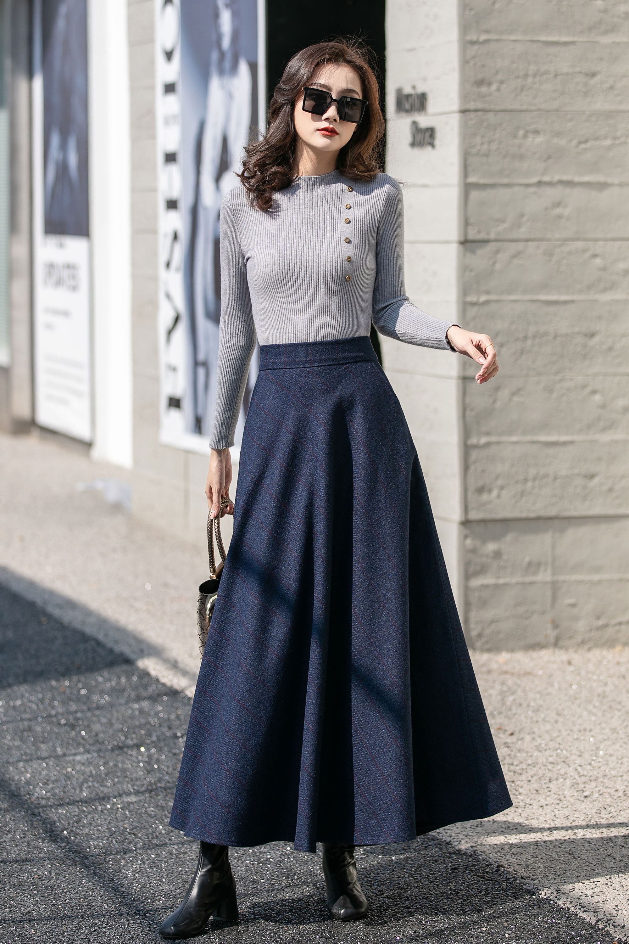 Blue Winter Long Wool Skirt, Maxi Wool Skirt, Swing Skirt