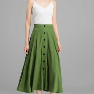 Button-Down Linen Midi skirt, A-Line swing skirt, Linen skirt, Green skirt, Women skirt, High waisted Skirt with pockets, Summer skirt 2368 image 3