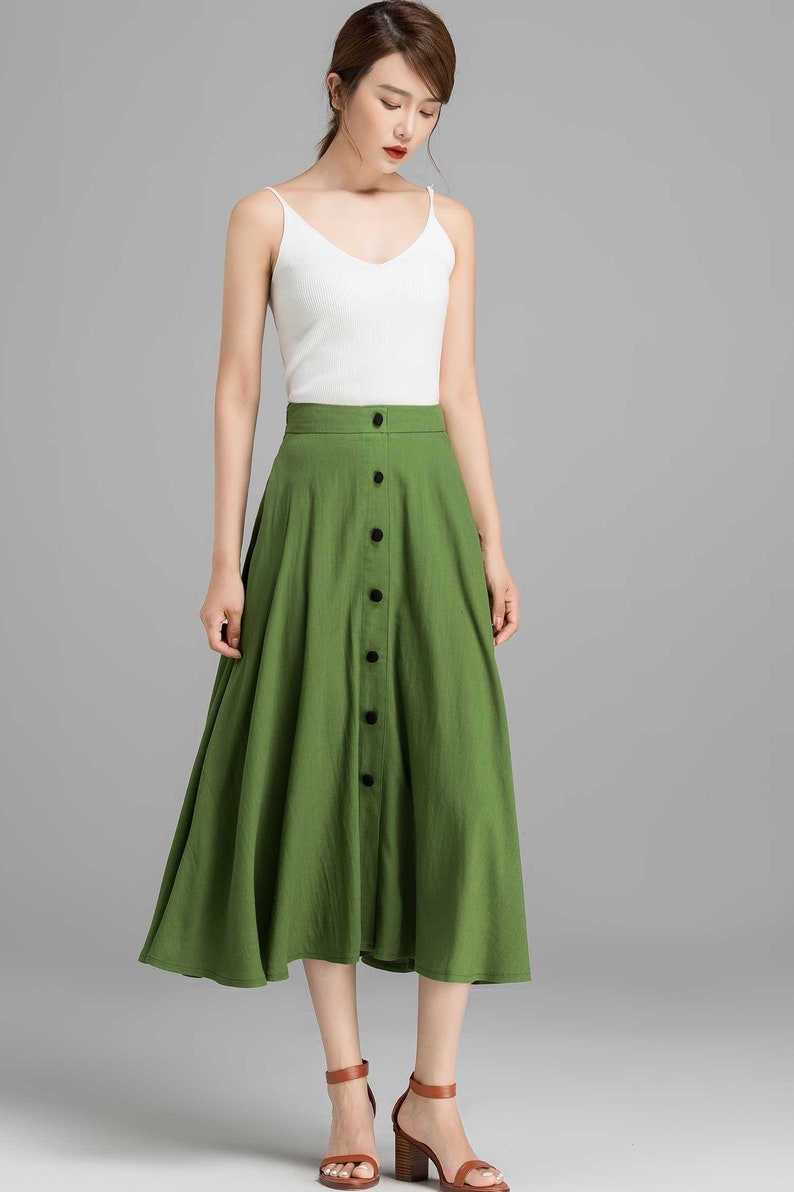 Button-Down Linen Midi skirt, A-Line swing skirt, Linen skirt, Green skirt, Women skirt, High waisted Skirt with pockets, Summer skirt 2368 image 3