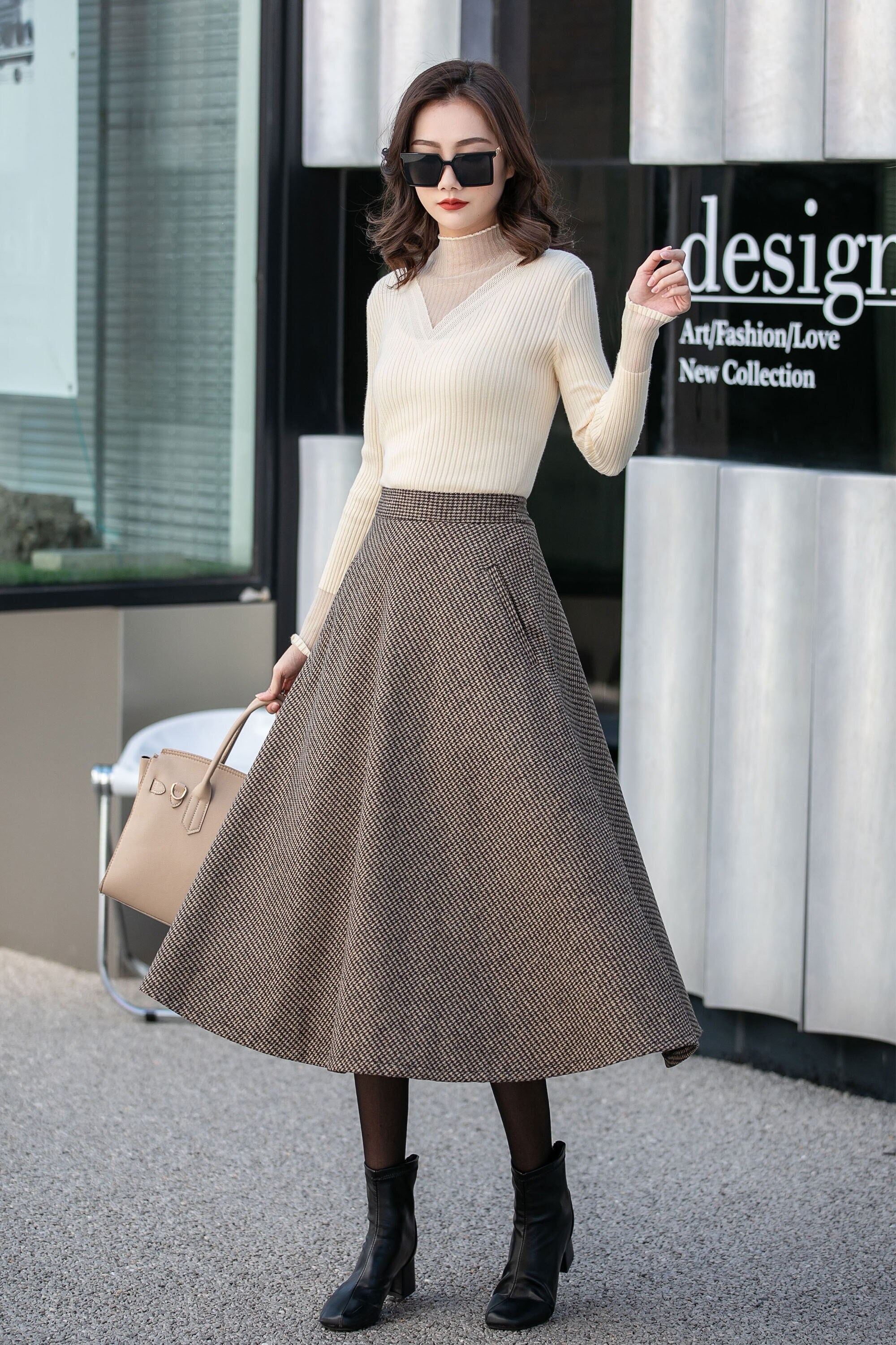 Brown Midi Wool Skirt, Houndstooth Wool Skirt, High Waisted Skirt, Warm Winter Skirt, Swing Women Wool Skirt, Custom Skirt, Xiaolizi 4131 - Etsy Brown Midi Wool Skirt, Houndstooth Wool Skirt, High Waisted Skirt, Warm Winter Skirt, Swing Women Wool Skirt, Custom Skirt, Xiaolizi 4131 - Etsy