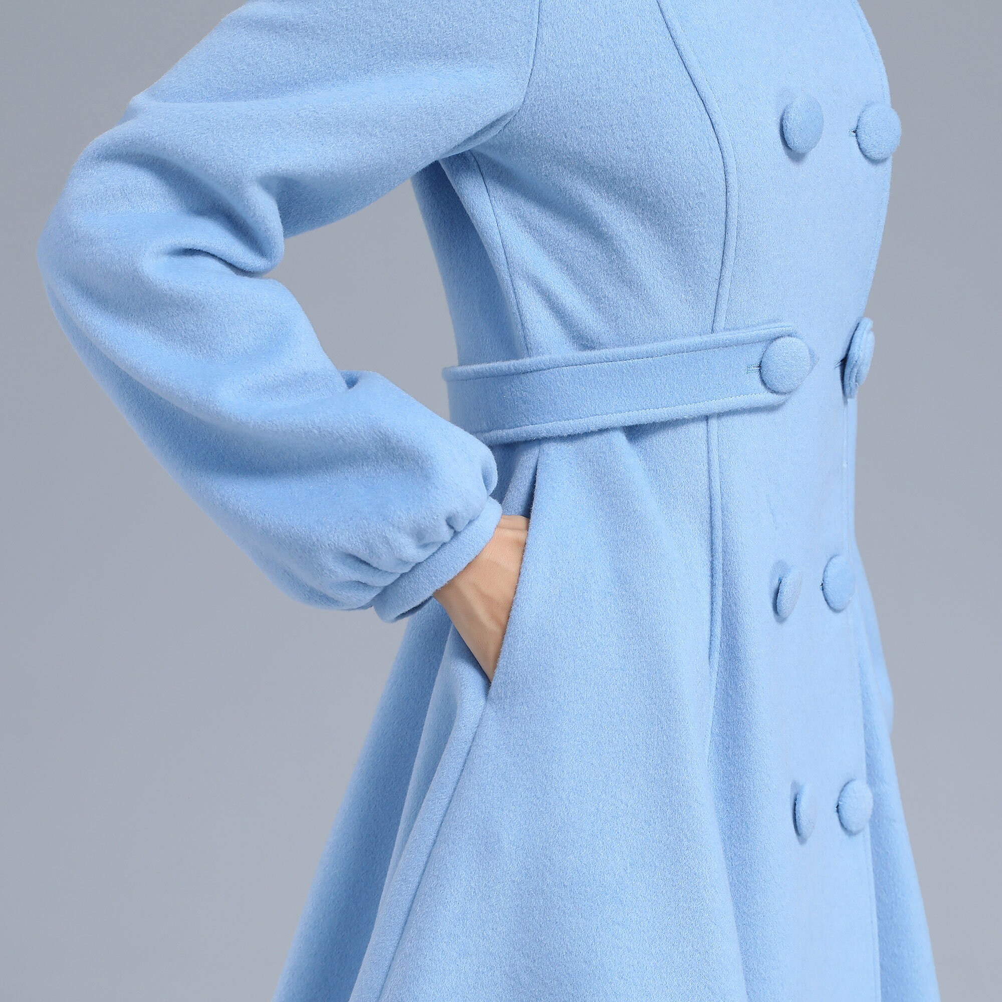 Double Breasted Wool Coat, Light Blue Wool Coat, Warm Winter Wool Coat, Lantern  Sleeve Wool Coat, Long Wool Coat, Xiaolizi 3211 