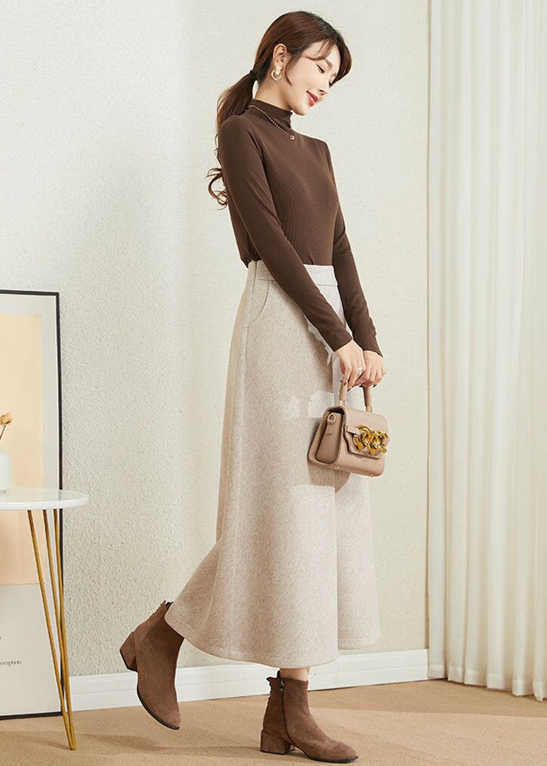 A-Line wool skirt, Beige wool skirt, Long wool skirt, Women's wool skirt with pockets, Casual skirt, Autumn winter outfits, Xiaolizi 3861 1-Beige