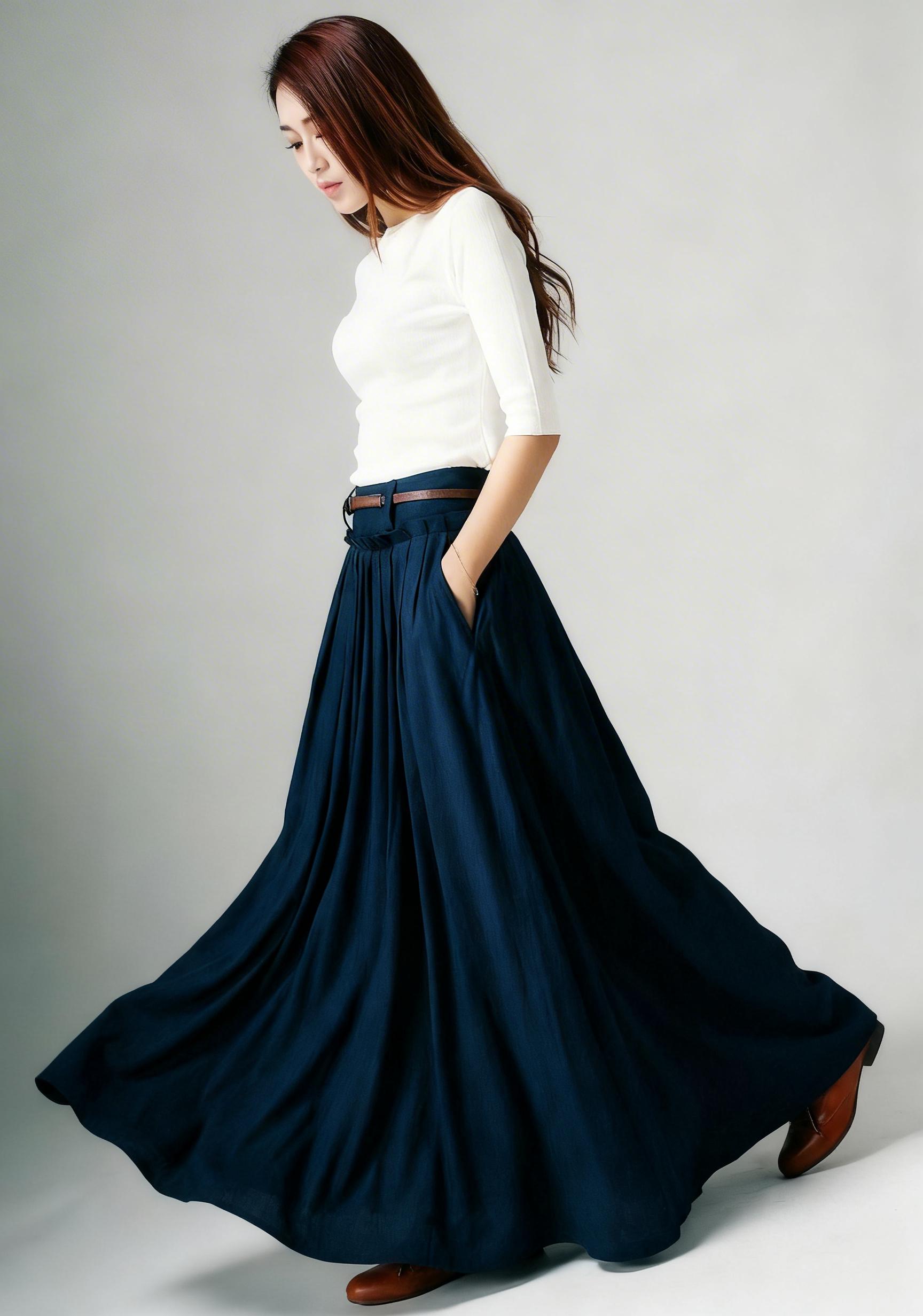 Swing Long Linen Maxi Skirt for Women, Navy Blue Walking Skirt