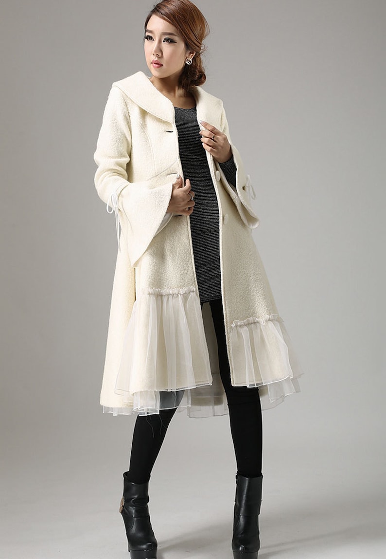 Swing White wool coat, winter wedding coat, wool coat for women, party coat, coat with lace, warm coat, dress wool coat, fashion coat 0725 image 4