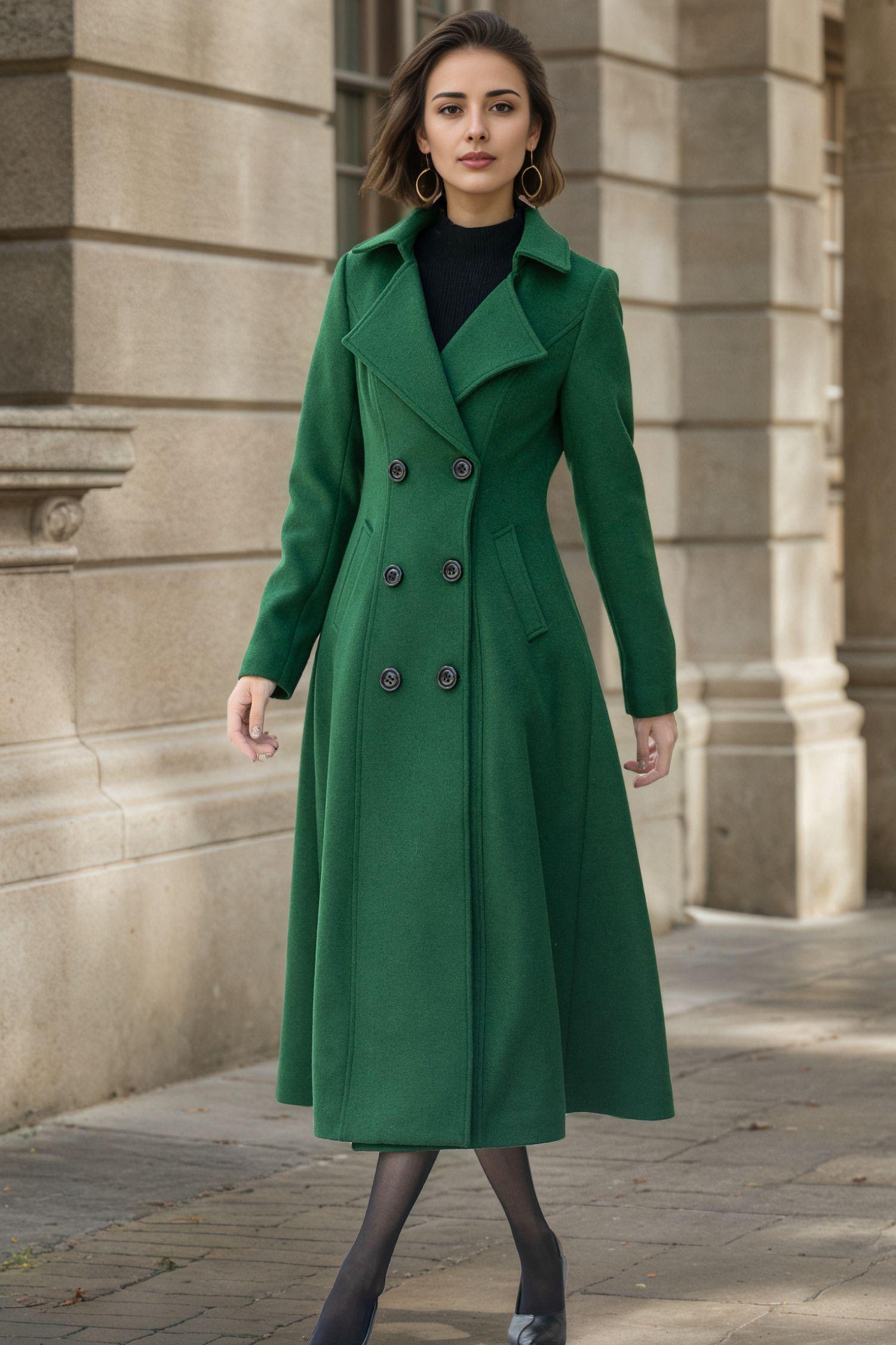 Forest Green Wool Coat: Handmade Double Breasted Winter Coat