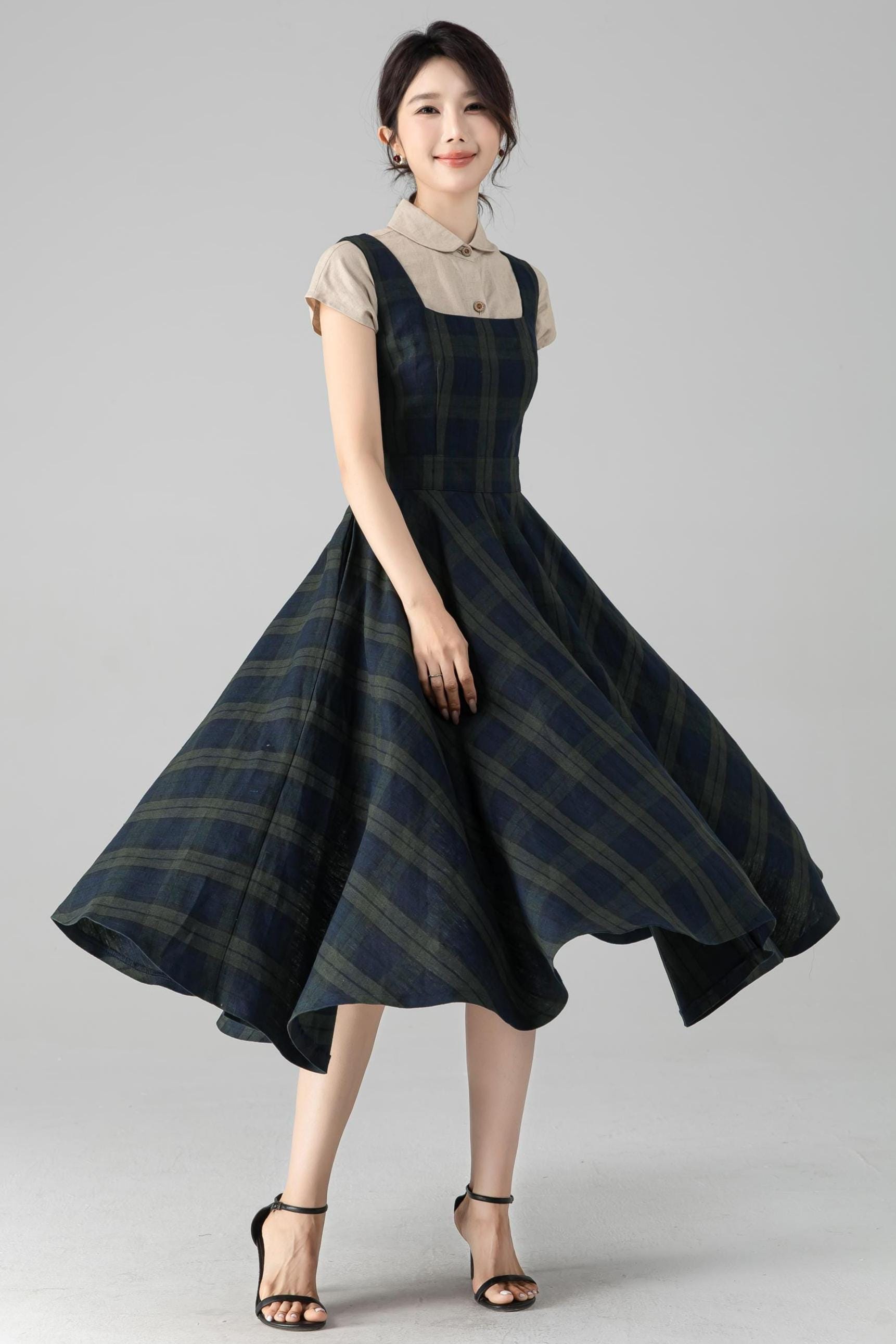 Linen Plaid Pinafore Dress, Fit and Flare Midi Dress, Custom