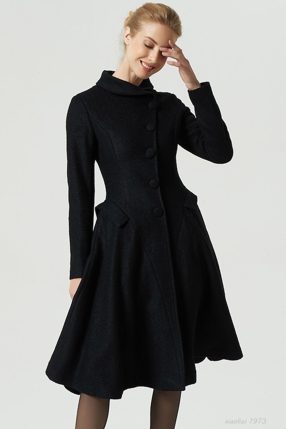 black coat wool coat knee length wool coat midi coat | Etsy