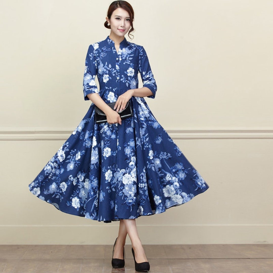 Women's Floral Linen Dress, Linen Midi Dress, Fit and Flare Dress