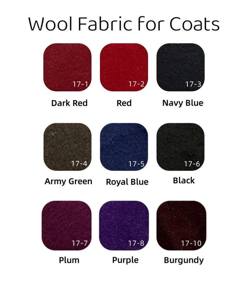 Pu&ograve; includere: Una tabella colori intitolata Wool Fabric for Coats che mostra nove campioni quadrati con angoli arrotondati. I colori includono rosso scuro, rosso, blu navy, verde militare, blu reale, nero, prugna, viola e bordeaux, ciascuno con un codice.