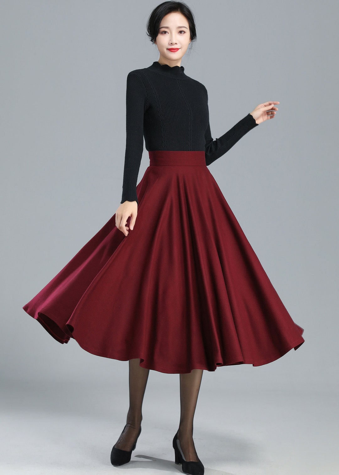 Burgundy Circle Wool Skirt Women, Wool Midi Skirt, High Waist Skirt ...