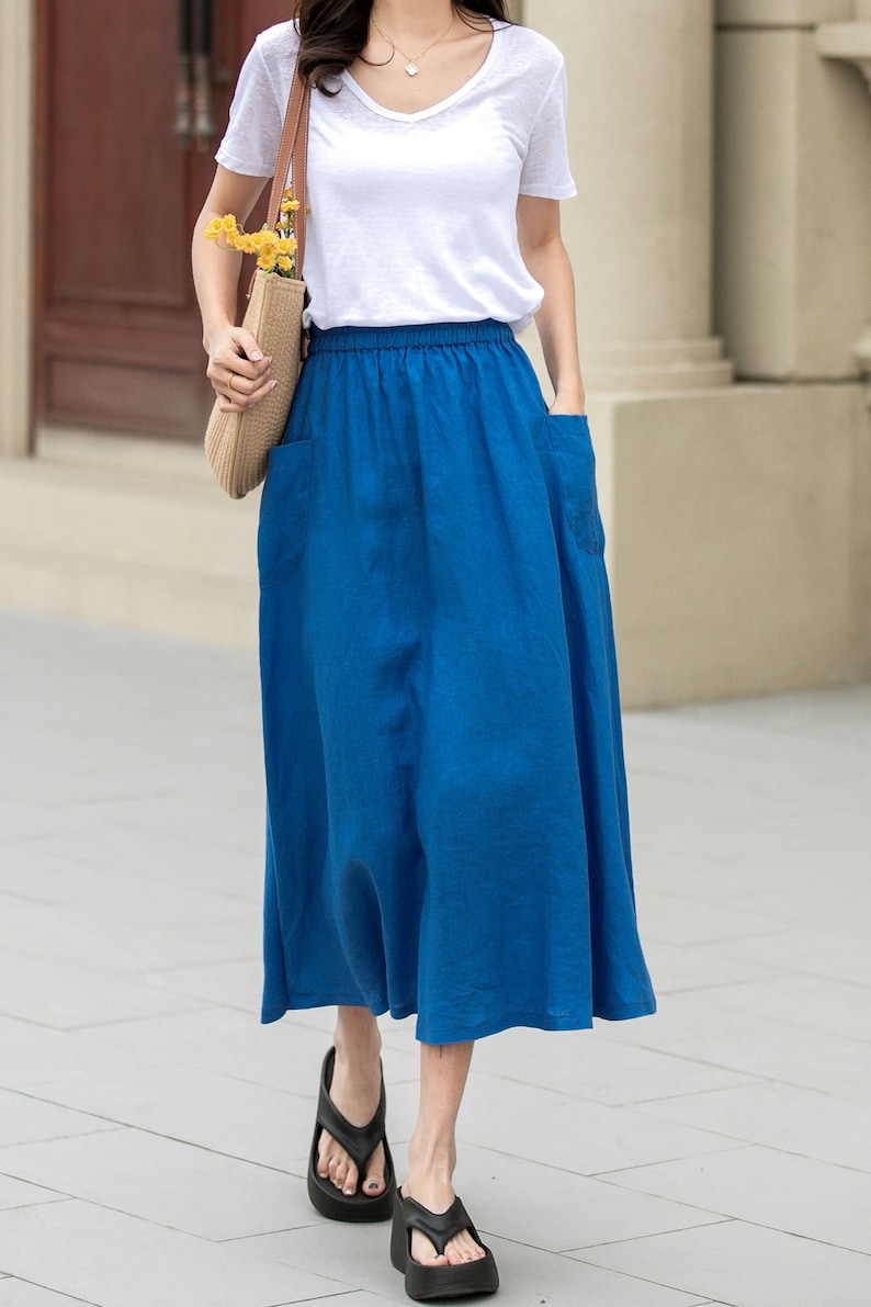 Linen skirt, Midi linen skirt, Blue linen skirt, A line skirt, Womens long linen skirt, Summer linen skirt, Custom skirt, Xiaolizi 4956 image 2