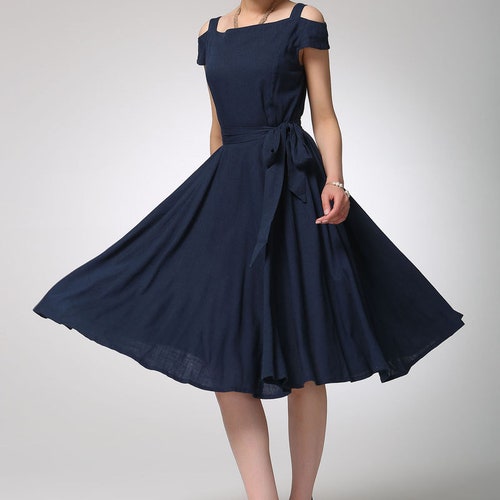 Vintage Fit & Flare Midi dress, Off Shoulder dress, Navy Blue dress, mod dress, Swing dress, linen clothing, Custom party dress 1262#