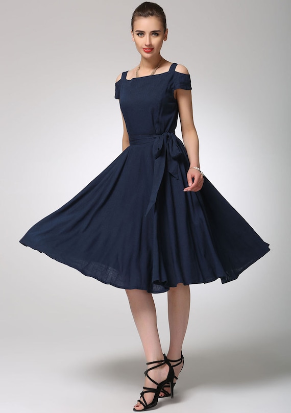 Vintage Fit & Flare Midi Dress off Shoulder Dress Navy Blue - Etsy