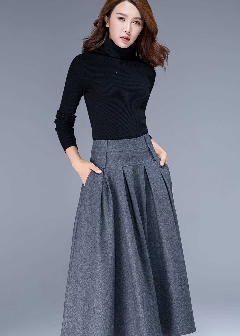 Black skirt, wool skirt, maxi skirt, skirt with pockets, womens skirts, winter skirt, pleated skirt, high waisted skirt, made to order 1631# image 9