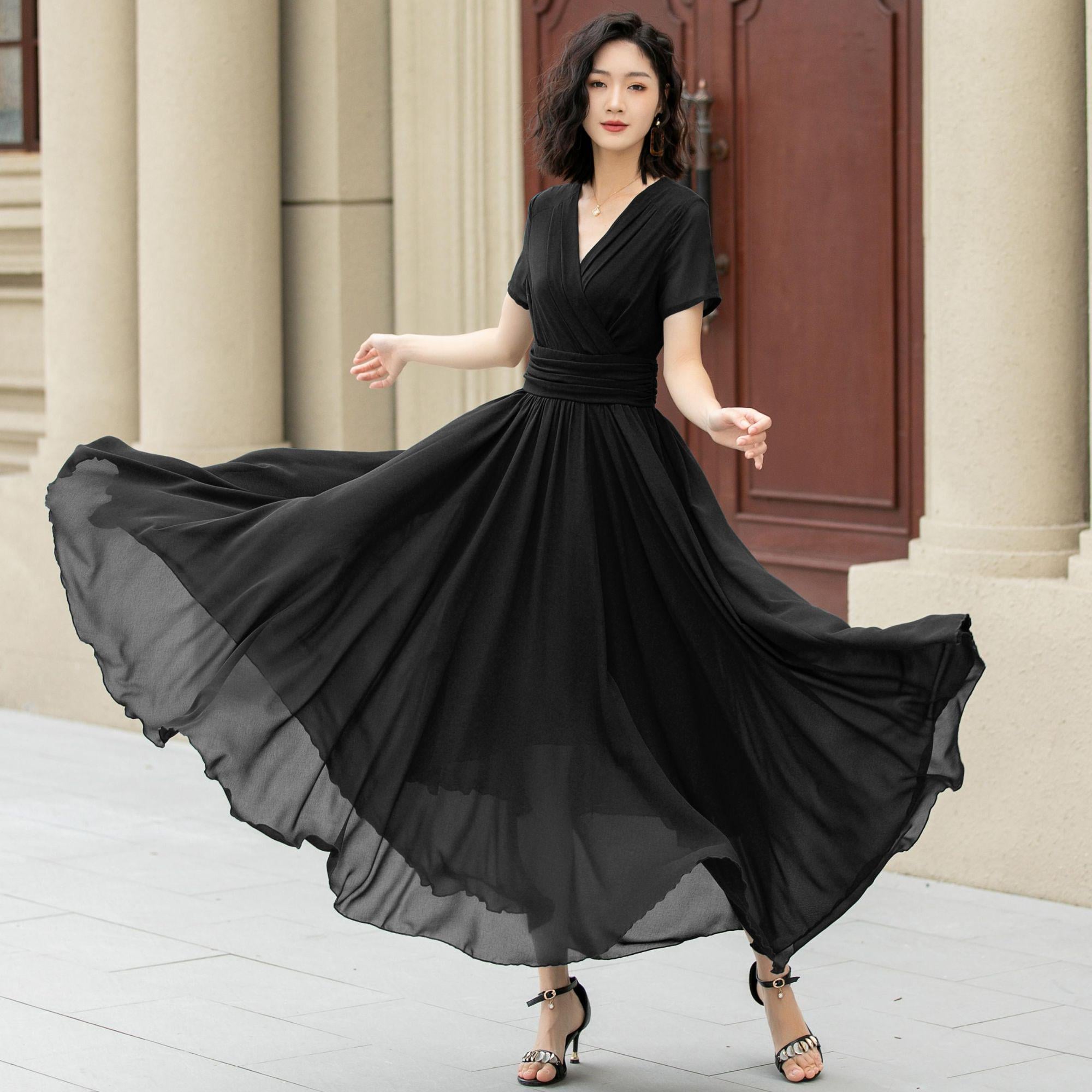 womens black chiffon dress Women's Black Chiffon Shirred Tiered Maxi Dress