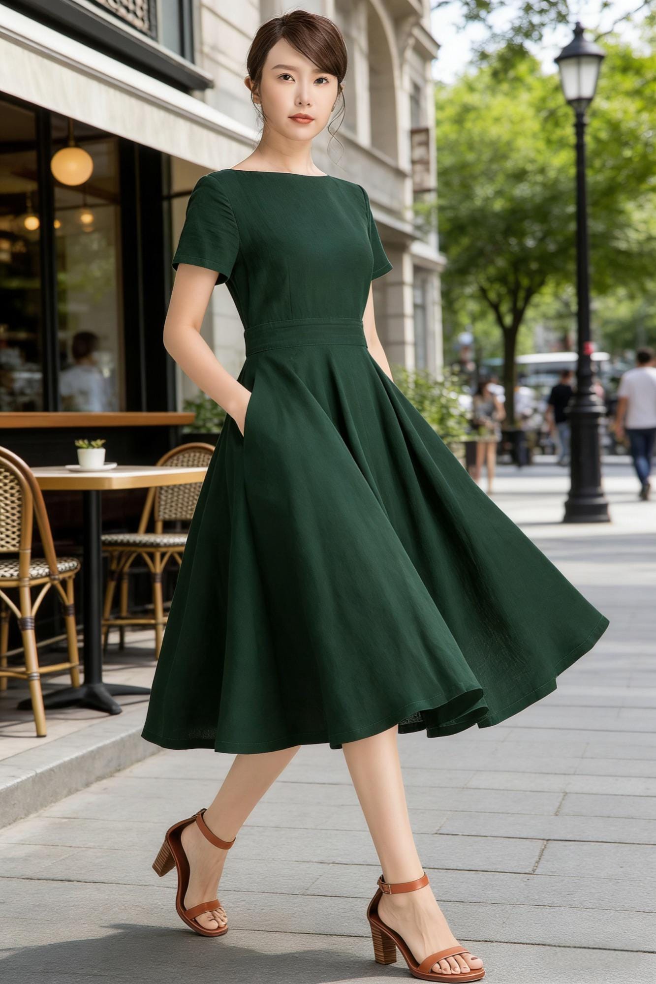 Xiaolizi Dark Green Linen Dress, Vintage 1950s Boat Neck Swing