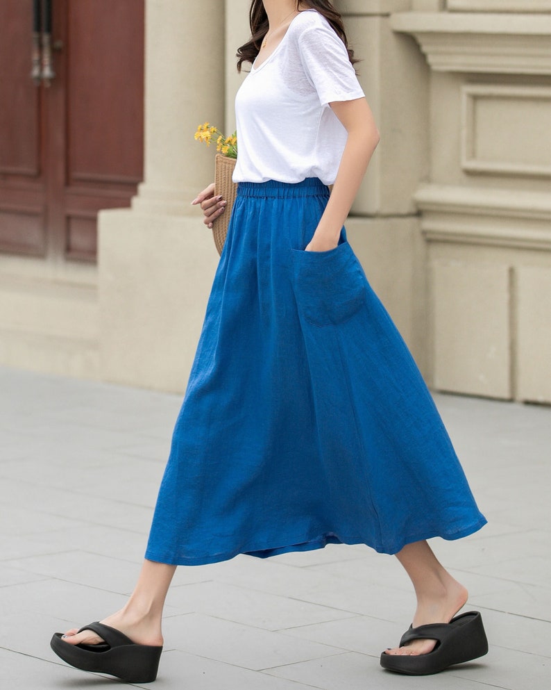 Linen skirt, Midi linen skirt, Blue linen skirt, A line skirt, Womens long linen skirt, Summer linen skirt, Custom skirt, Xiaolizi 4956 image 1