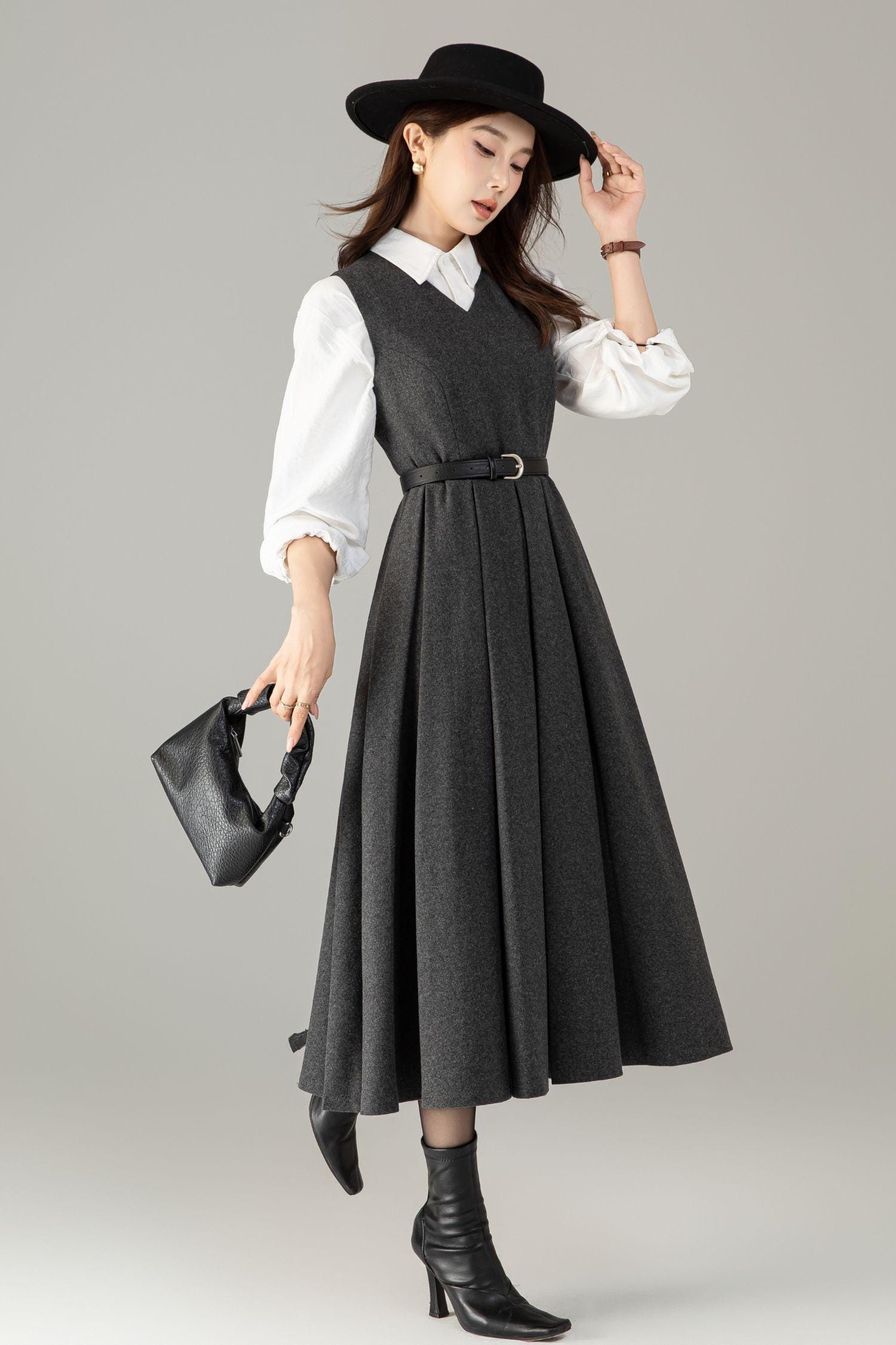 Dark Green Wool Midi Dress: Sleeveless Pleated A-line Pinafore