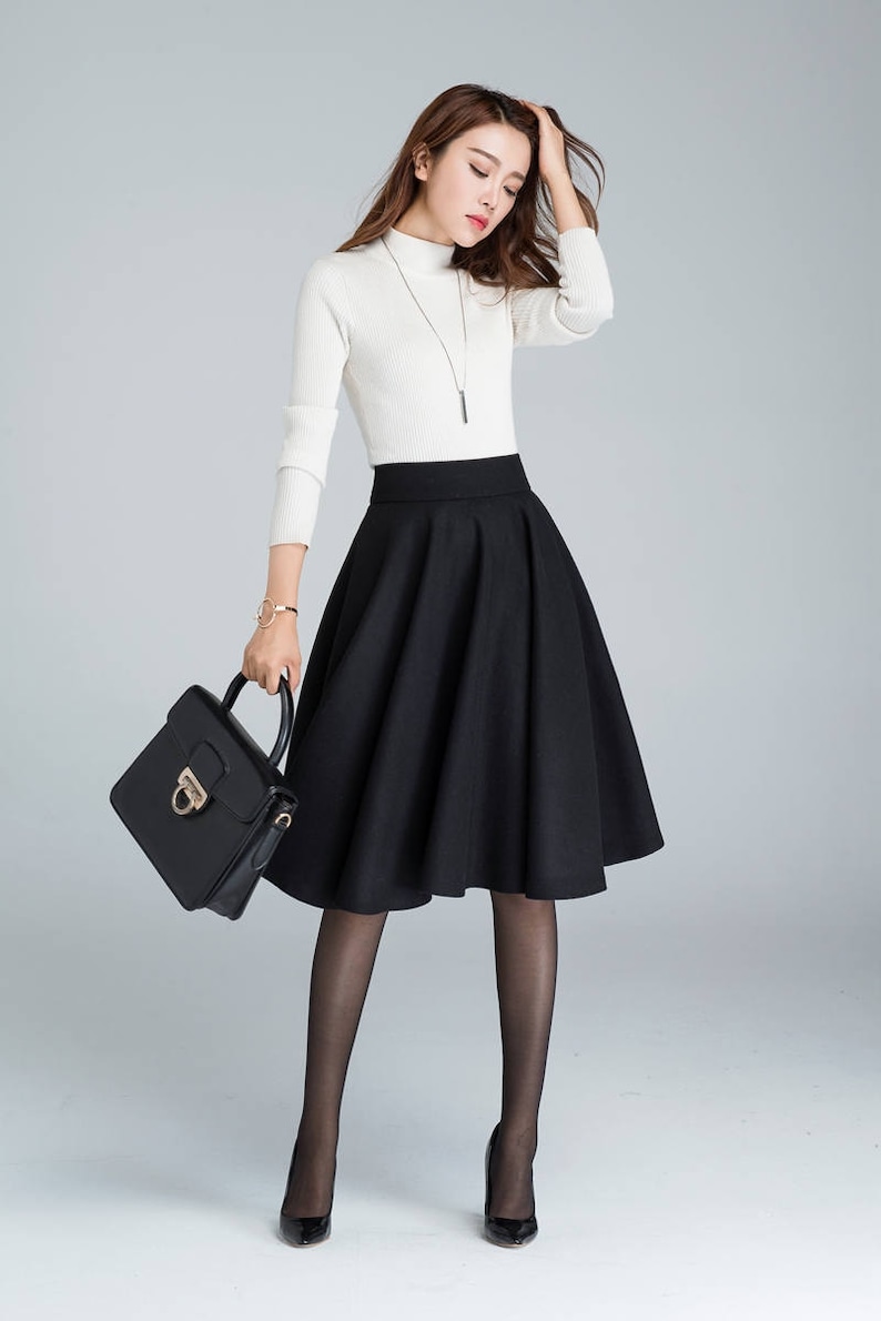 High Waist Wool Skirt, Midi Swing Wool Circle Skirt, Flared Wool Midi Skirt, Vintage Pleat Wool Skirt, Winter Skater Skirt, Xiaolizi 1633 image 2